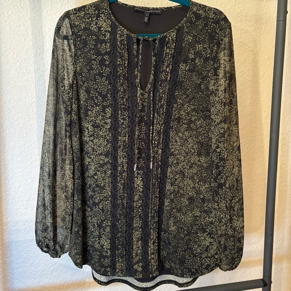 WHBM Women's Boho Floral Blouse‎ Dark Green and Black With Lace Size S
